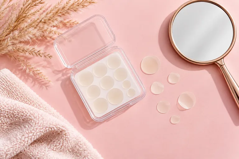 10 Acne Face Tips for Clearer, Healthier Looking Skin 5 Round hydrocolloid pimple patches arranged on a pastel background with a small mirror