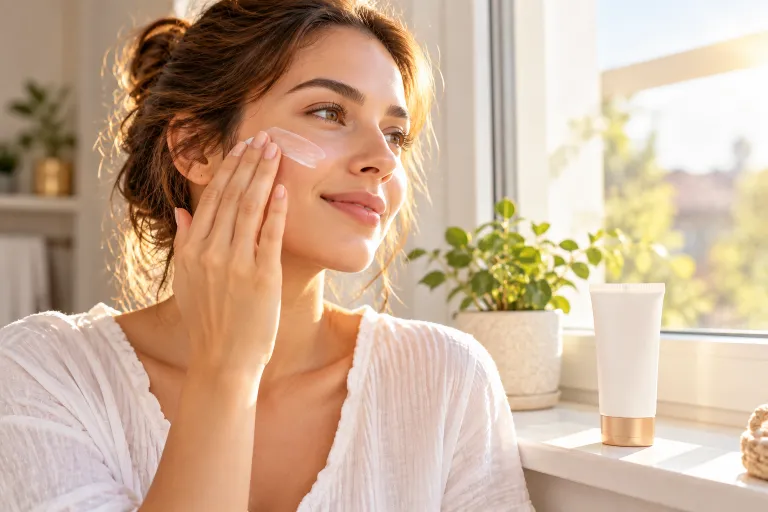 10 Acne Face Tips for Clearer, Healthier Looking Skin 7 Woman smoothing lightweight sunscreen across her cheeks near a sunny window