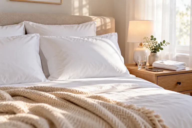 10 Acne Face Tips for Clearer, Healthier Looking Skin 9 Freshly made bed with a clean white pillowcase and a spare set folded on the nightstand