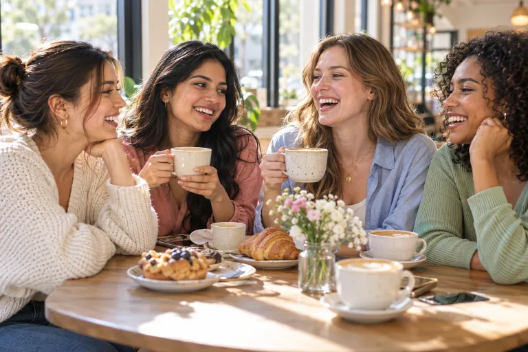 10 Acne Positivity Lessons for a Healthier Mindset 3 Group of diverse women laughing together at a cafe, showing that acne is common and normal