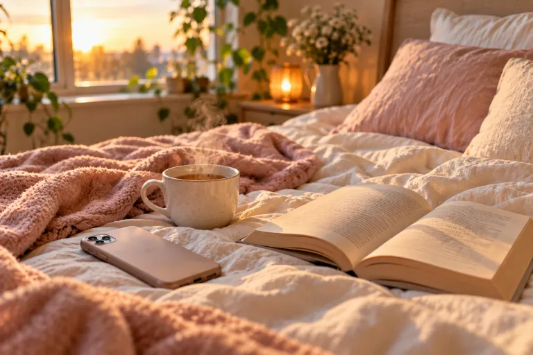 10 Acne Positivity Lessons for a Healthier Mindset 5 Phone placed face down on a cozy bed beside a cup of tea, taking a break from filtered photos