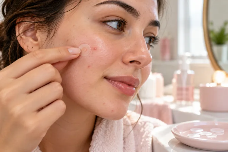 10 Acne Positivity Lessons for a Healthier Mindset 7 Hand applying a hydrocolloid pimple patch to a cheek to help stop picking at acne