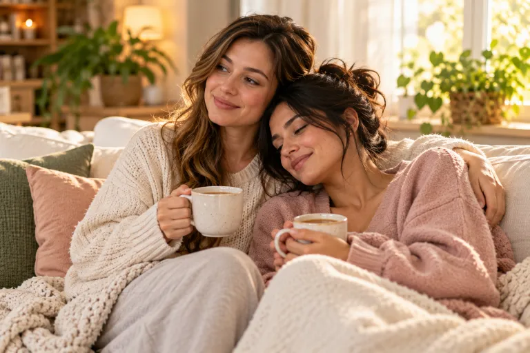 10 Acne Positivity Lessons for a Healthier Mindset 9 Two women sharing a supportive moment on a sofa while talking about acne and self-care