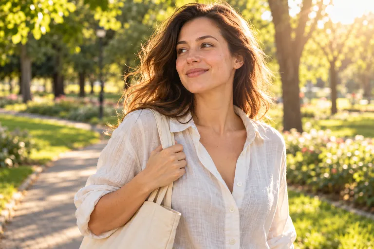 10 Acne Positivity Lessons for a Healthier Mindset 11 Confident woman walking in a sunny park with bare, natural skin and a relaxed smile