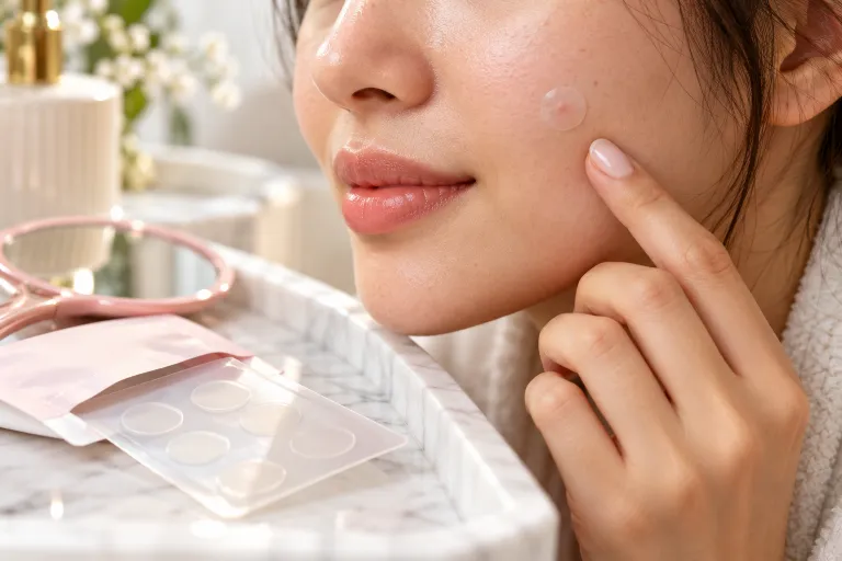 10 Acne Prone Skin Tips for Clearer, Calmer Skin 3 Small hydrocolloid pimple patch on a cheek with a pack of patches on a marble vanity