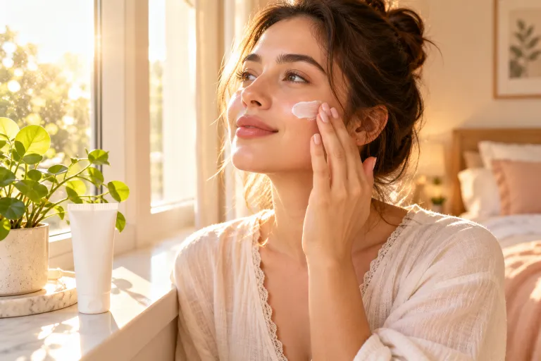10 Acne Prone Skin Tips for Clearer, Calmer Skin 5 Woman applying oil-free sunscreen to her cheek by a sunny window as part of an acne prone skin routine