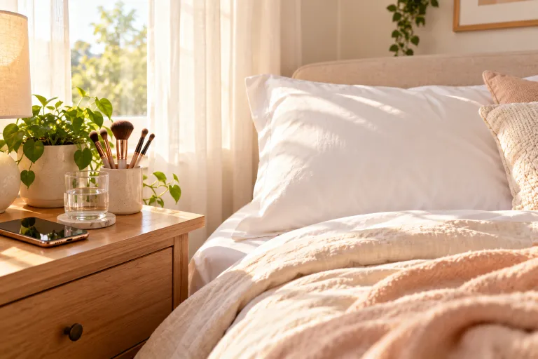 10 Acne Prone Skin Tips for Clearer, Calmer Skin 7 Clean white pillowcase on a made bed with a phone and clean makeup brushes on the nightstand