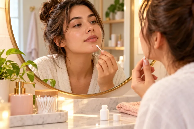 10 Acne Prone Skin Tips for Clearer, Calmer Skin 9 Woman dabbing spot treatment on her chin with a cotton swab in a bathroom mirror