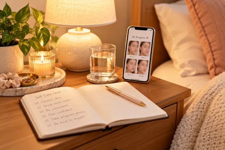 10 Acne Prone Skin Tips for Clearer, Calmer Skin 11 Bedside table with a skin progress journal, glass of water, and phone showing weekly progress photos