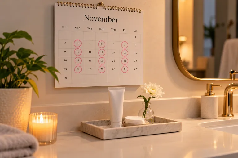 10 Benzoyl Peroxide Tips for Clearer, Healthier Skin 3 Wall calendar with evenings circled above a bathroom counter showing a gradual acne treatment schedule