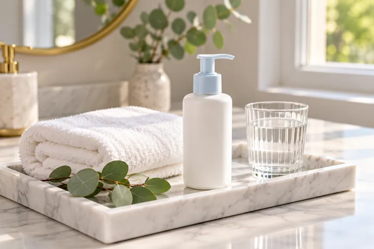 10 Benzoyl Peroxide Tips for Clearer, Healthier Skin 5 Lightweight moisturizer pump bottle on a marble tray with a folded white towel and glass of water