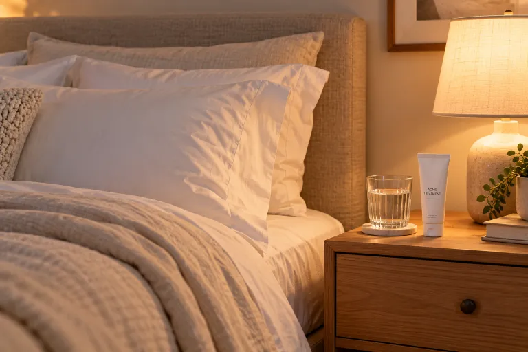 10 Benzoyl Peroxide Tips for Clearer, Healthier Skin 7 Neatly made bed with white pillowcases and an acne treatment tube on the nightstand