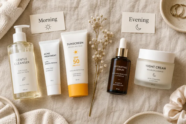 10 Benzoyl Peroxide Tips for Clearer, Healthier Skin 9 Flat lay of morning and evening skin care products separated on a neutral linen cloth