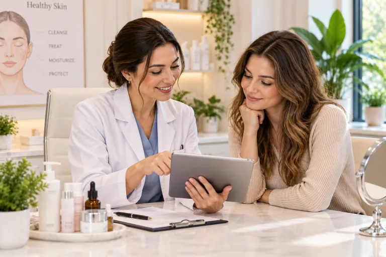 10 Benzoyl Peroxide Tips for Clearer, Healthier Skin 11 Woman reviewing acne treatment options with a dermatologist in a bright, welcoming clinic