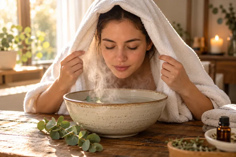 10 Easy Ways to Clear Clogged Pores Naturally 3 Woman with a towel over her head steaming her face above a bowl of warm water