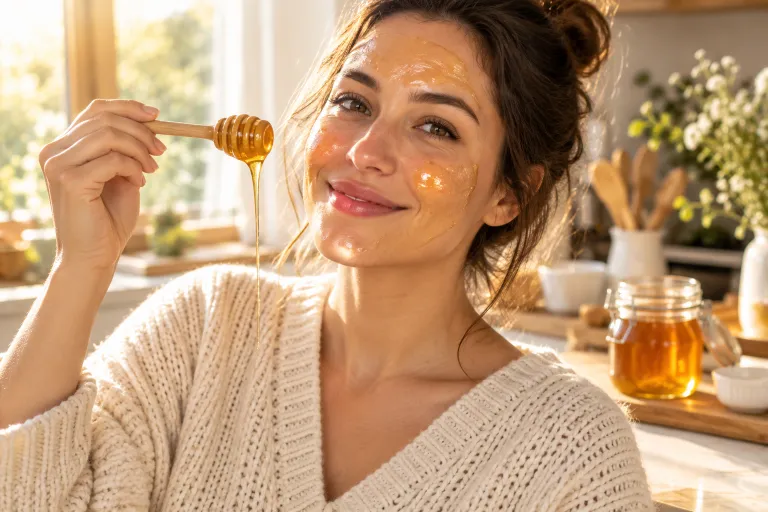 10 Easy Ways to Clear Clogged Pores Naturally 5 Woman wearing a thin raw honey mask on her cheeks while holding a honey dipper