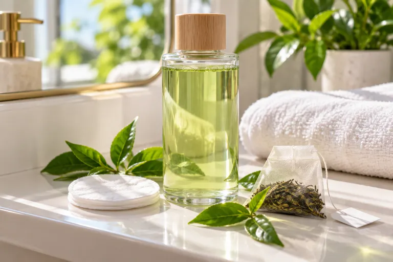 10 Easy Ways to Clear Clogged Pores Naturally 7 Glass bottle of homemade green tea toner with a cotton pad on a bathroom shelf