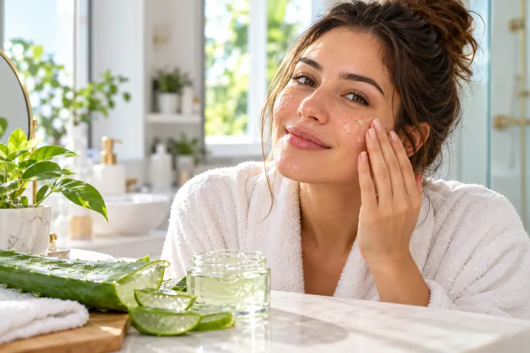10 Easy Ways to Clear Clogged Pores Naturally 9 Woman applying clear aloe vera gel to her face with a fresh aloe leaf nearby