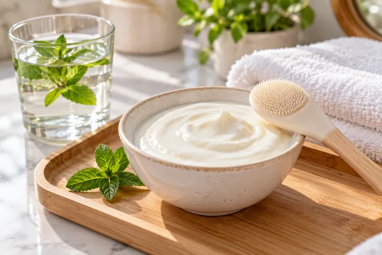 10 Easy Ways to Clear Clogged Pores Naturally 11 Bowl of plain yogurt face mask with a silicone brush on a wooden tray