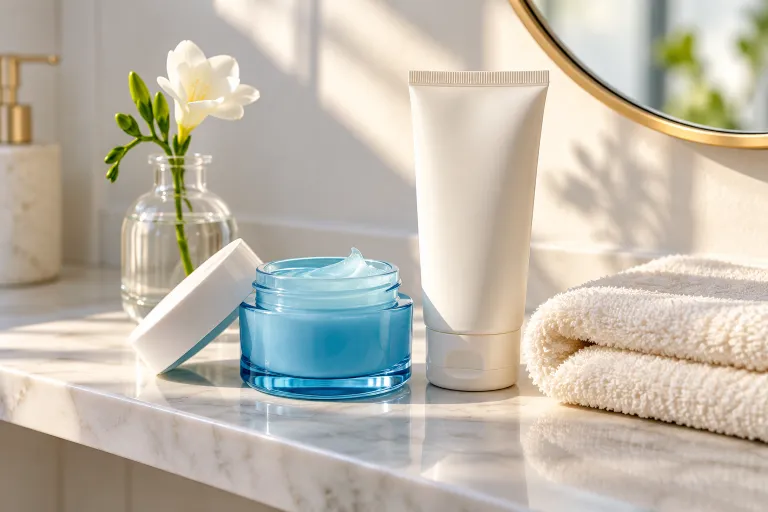 10 Neutrogena Hydro Boost Ideas for Dewy Skin 3 Bathroom shelf with Hydro Boost gel cream and sunscreen in soft morning light