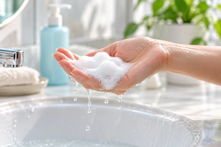 10 Neutrogena Hydro Boost Ideas for Dewy Skin 5 Hand holding a soft foaming hydrating cleanser over a white sink