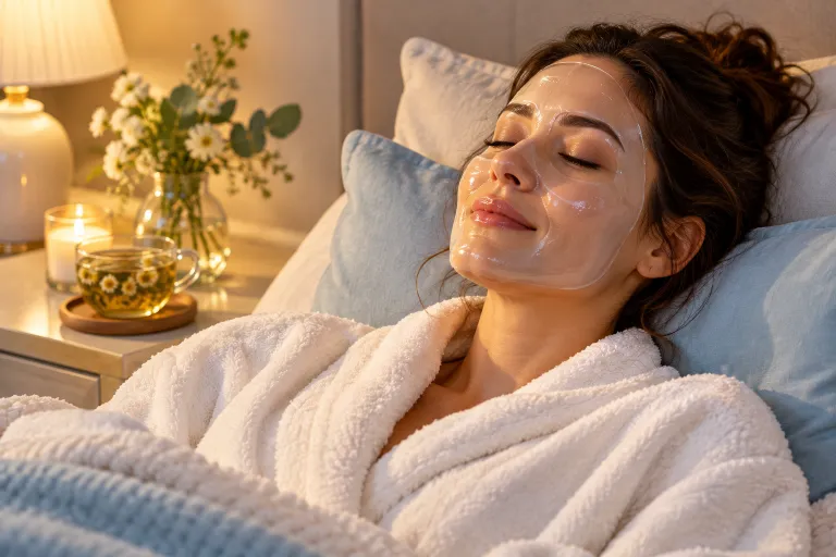 10 Neutrogena Hydro Boost Ideas for Dewy Skin 7 Woman in a robe wearing a clear hydrating gel mask while relaxing with a cup of tea