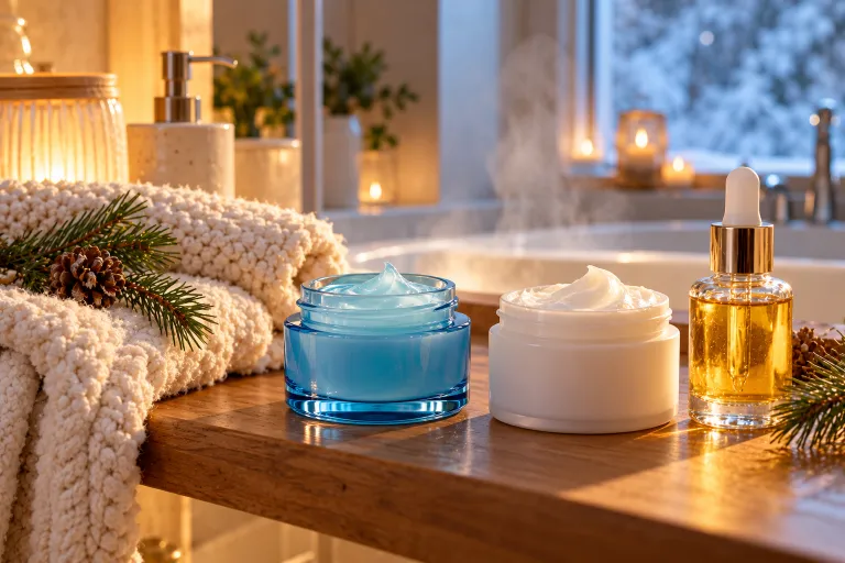 10 Neutrogena Hydro Boost Ideas for Dewy Skin 9 Cozy winter bathroom with knit towel, Hydro Boost, and a rich moisturizer on a wooden shelf