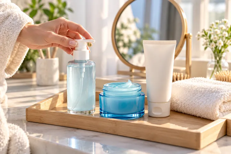 10 Neutrogena Hydro Boost Ideas for Dewy Skin 11 Simple five-minute dewy skin routine tray with cleanser, Water Gel, and sunscreen