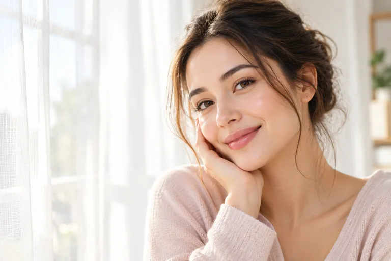 10 Creative Photo Backgrounds for Better Pictures 5 Smiling woman near a window with a white sheer curtain glowing behind her