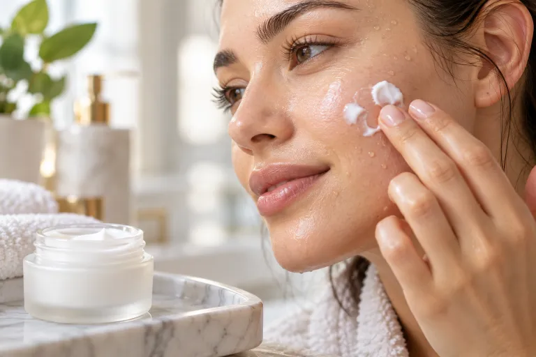 10 Simple Skincare Tips for Naturally Glowing Skin 3 Fingertips applying white moisturizer to damp, dewy cheek skin
