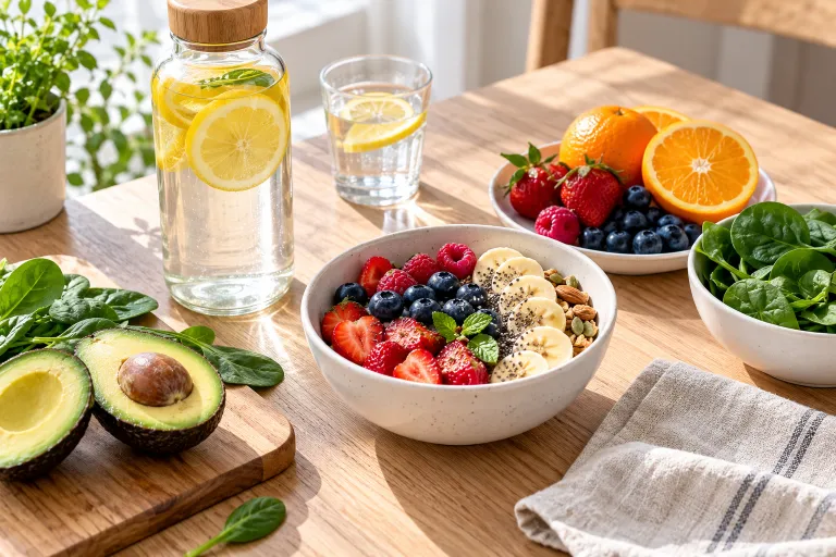 10 Simple Skincare Tips for Naturally Glowing Skin 5 Water bottle with lemon slices beside berries, oranges, and avocado on a wooden table