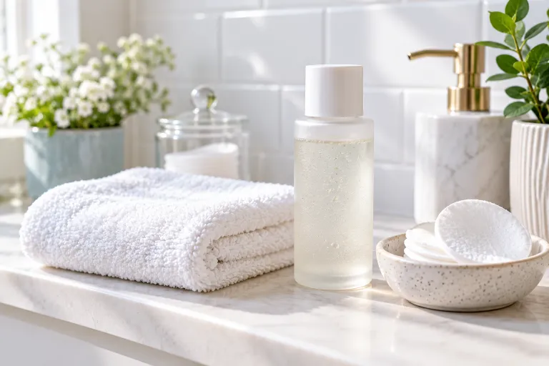 10 Simple Skincare Tips for Naturally Glowing Skin 7 Soft washcloth and gentle exfoliating toner arranged on a bathroom shelf
