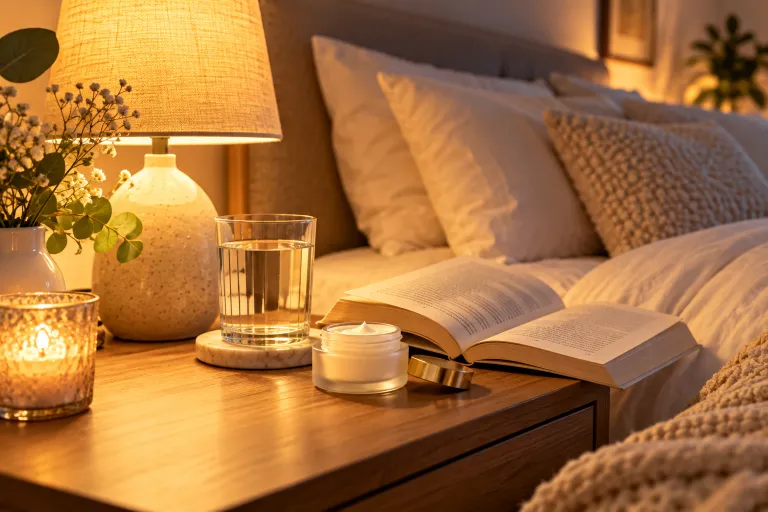 10 Simple Skincare Tips for Naturally Glowing Skin 9 Cozy bedroom with lamp light, a book, and night cream on the nightstand