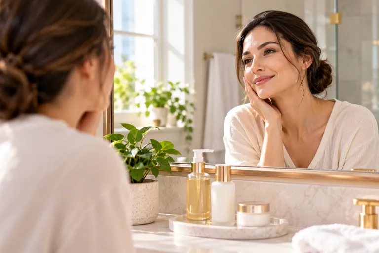 10 Simple Skincare Tips for Naturally Glowing Skin 11 Smiling woman looking in a bathroom mirror with a simple skincare routine on the counter