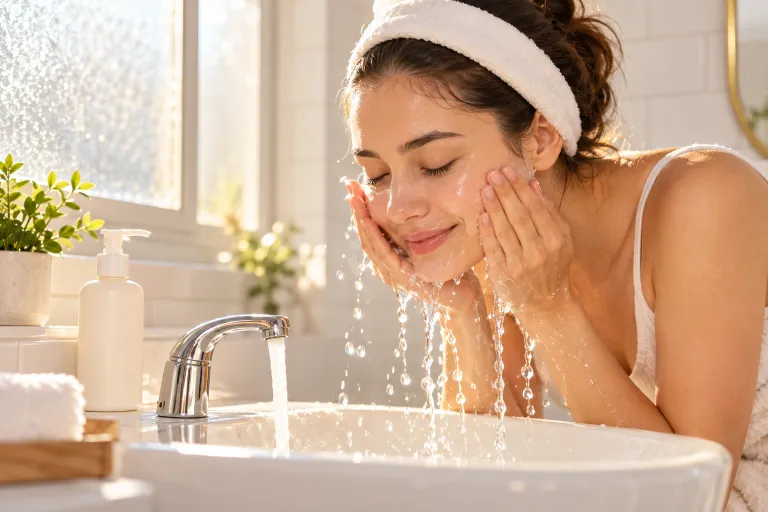 10 Simple Skincare Routine Ideas for Glowing Skin 3 Woman rinsing her face with a gentle cleanser at a white sink in soft morning light