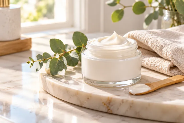 10 Simple Skincare Routine Ideas for Glowing Skin 5 Open jar of lightweight moisturizer on a marble tray with a folded linen towel