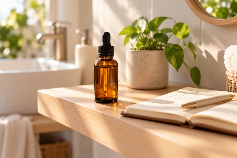 10 Simple Skincare Routine Ideas for Glowing Skin 7 Single amber serum bottle with a skincare notebook on a bathroom shelf