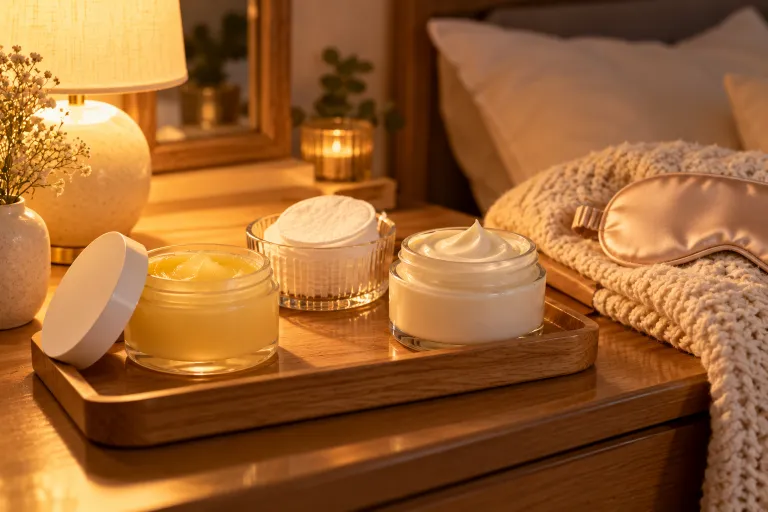 10 Simple Skincare Routine Ideas for Glowing Skin 9 Bedside vanity with cleansing balm, cotton pad, and night cream for a simple night skincare routine