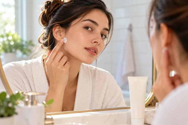 10 Simple Skincare Routine Ideas for Glowing Skin 11 Woman patch testing a new skincare product below her ear in a bathroom mirror