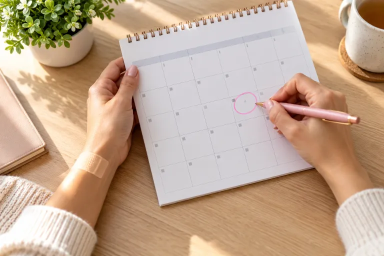 10 Skin Concerns You Should Never Ignore 3 Hands holding a calendar page with a circled date and a small bandage on the wrist