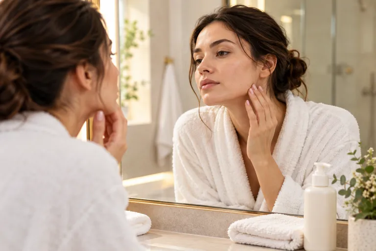 10 Skin Concerns You Should Never Ignore 5 Woman in a robe examining her jawline in a bathroom mirror beside a gentle cleanser