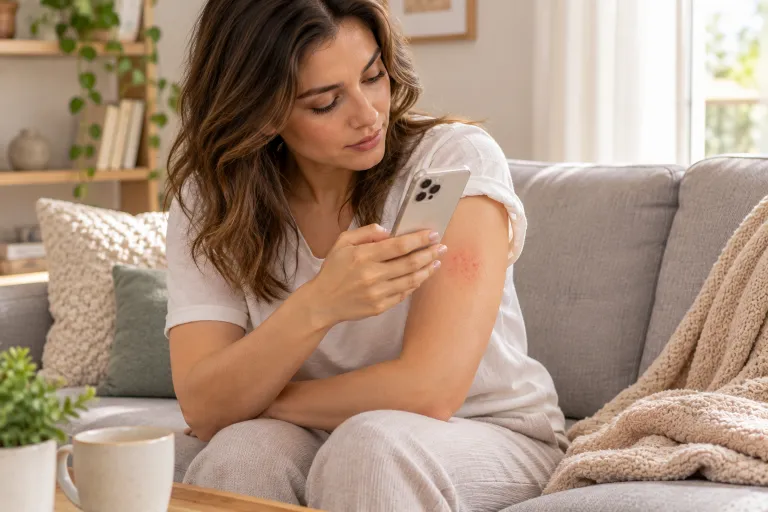 10 Skin Concerns You Should Never Ignore 9 Woman photographing a patch of irritated skin on her arm with her phone