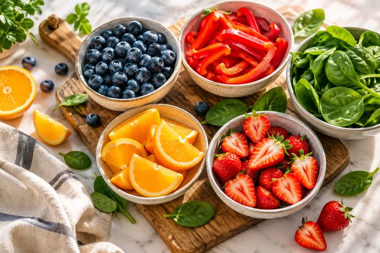 10 Skin Food Habits for Beautiful Glowing Skin 2 Colorful bowls of berries, red peppers, spinach, and oranges as skin food ingredients