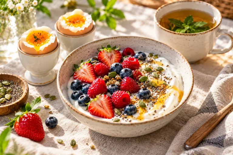 10 Skin Food Habits for Beautiful Glowing Skin 4 Greek yogurt bowl with berries and seeds beside eggs for a protein-rich skin food breakfast