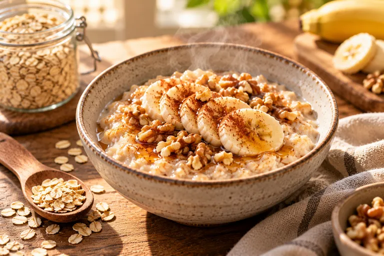 10 Skin Food Habits for Beautiful Glowing Skin 6 Warm bowl of oatmeal with banana, walnuts, and cinnamon for steady energy