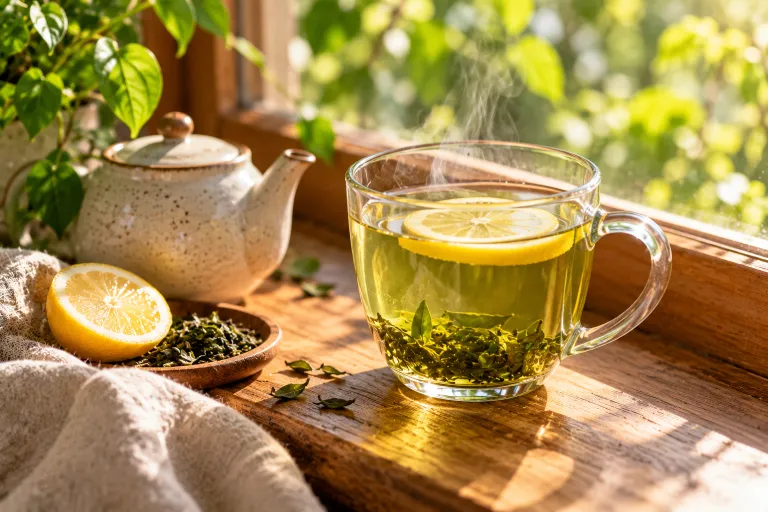 10 Skin Food Habits for Beautiful Glowing Skin 8 Glass mug of green tea with lemon on a sunny windowsill