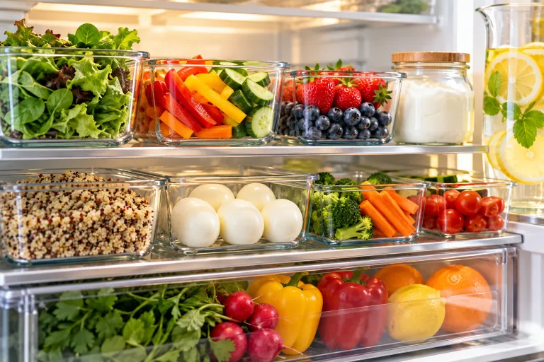 10 Skin Food Habits for Beautiful Glowing Skin 10 Fridge shelf with meal-prepped vegetables, berries, eggs, and quinoa in glass containers