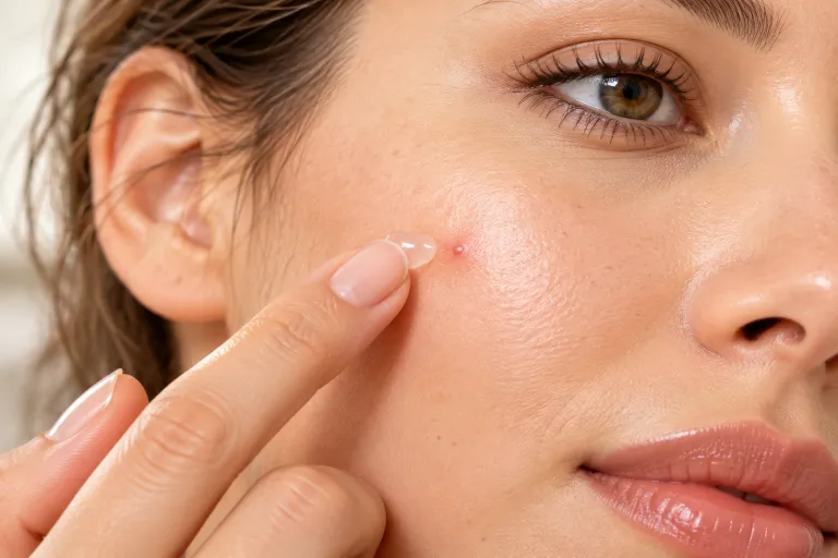 10 Acne Face Tips for Clearer, Healthier Looking Skin 4 Fingertip applying a tiny amount of spot treatment to a blemish on the cheek