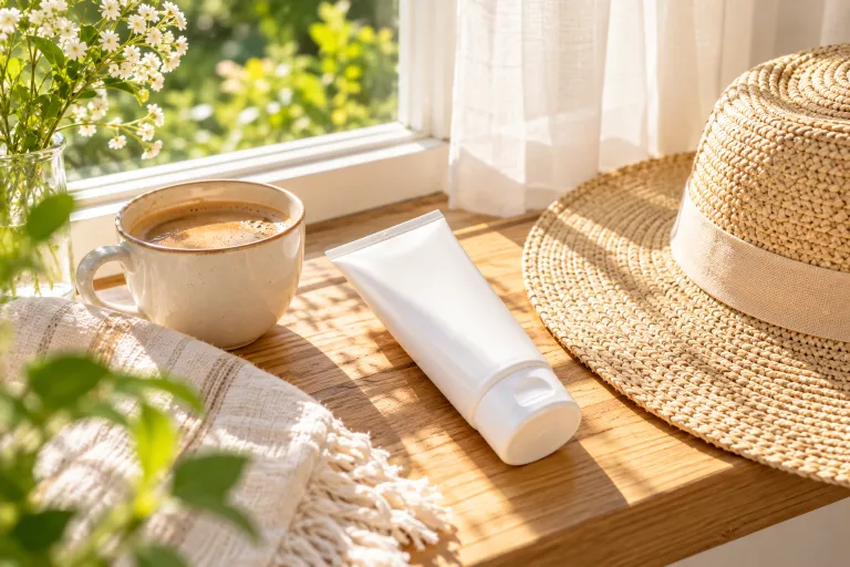 10 Simple Skincare Tips for Naturally Glowing Skin 4 Sunscreen tube and straw hat on a sunny windowsill next to a coffee cup