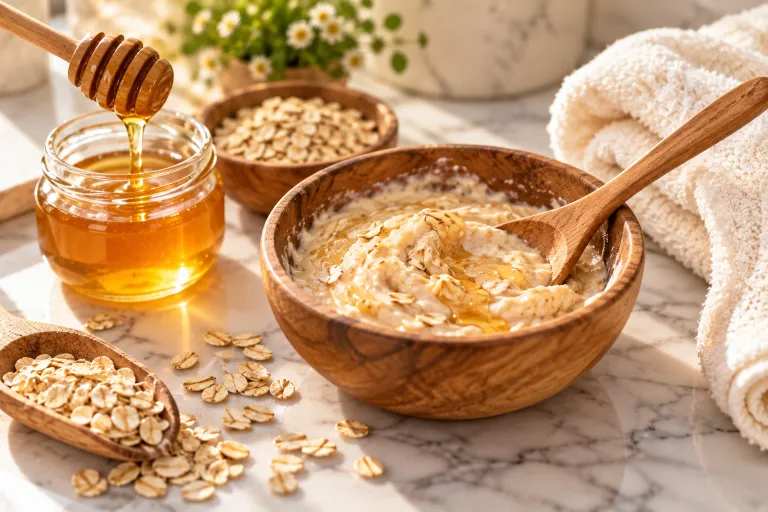 10 Simple Skincare Tips for Naturally Glowing Skin 6 Wooden bowl of honey and oat face mask with a honey dipper and cream towel